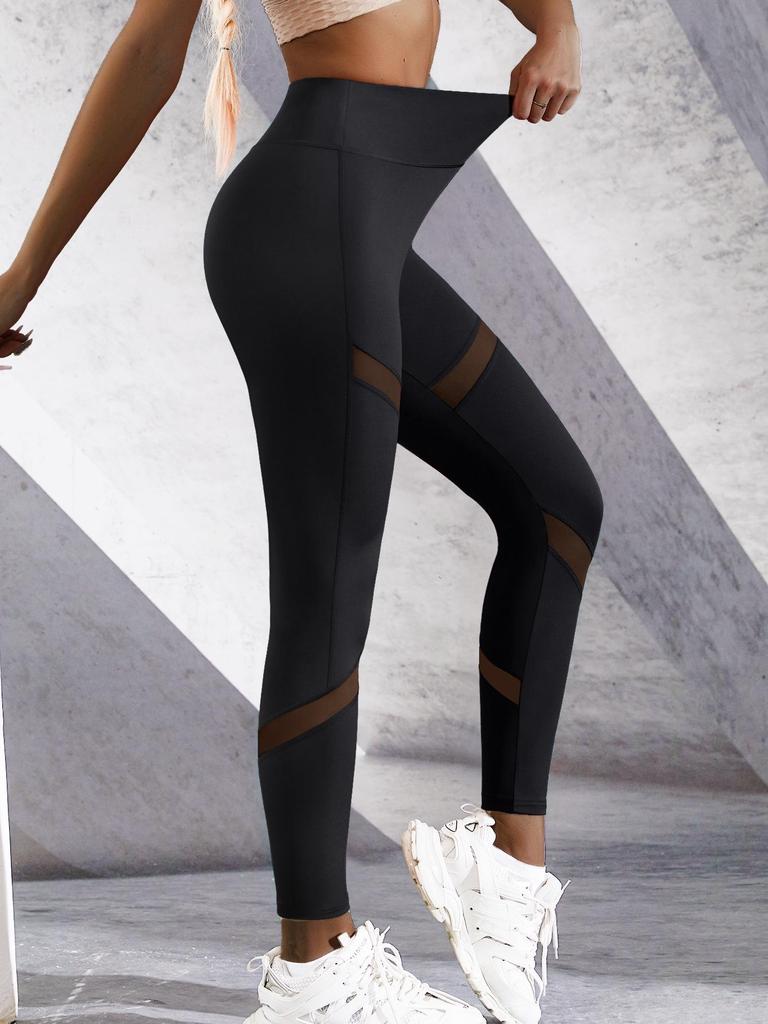 Women's Black Mesh Patchwork High Waist Yoga Pants - European & American Slimming Hip Lifting Nine-Point Style