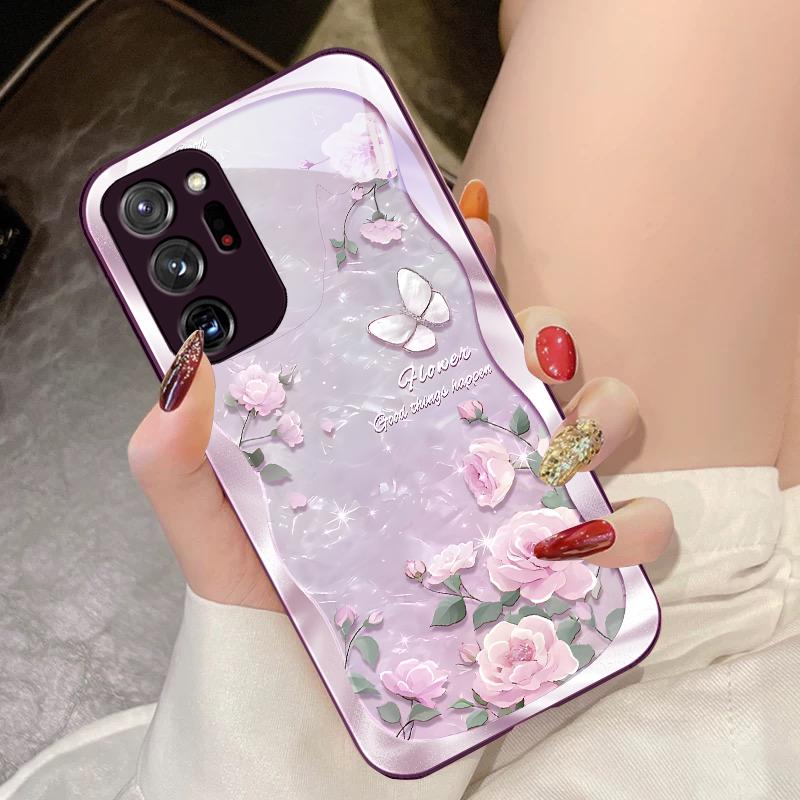 Butterfly Shell Pollen For Samsung Galaxy Note 8 9 10 PRO 20 Ultra A01 02 03 Core 04E 4G 12 13 5G Tempering Glass Phone Case