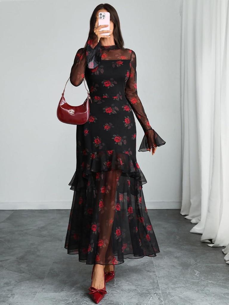 Abito da Donna Nero Floreale a Maniche Lunghe con Volant – Stile Europeo e Americano