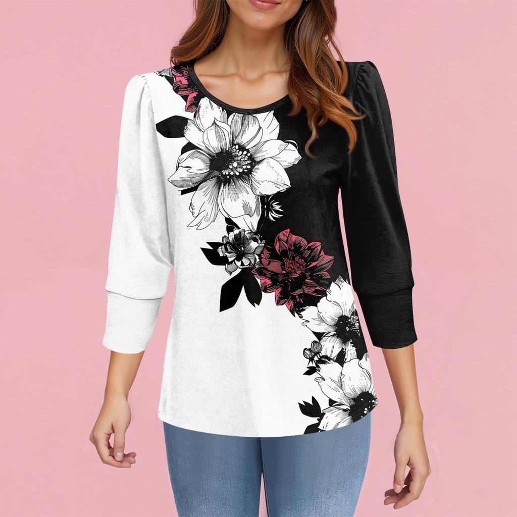 Women's Fashion Casual 3/4 Sleeve Print Shirt Women's Round Neck Tops