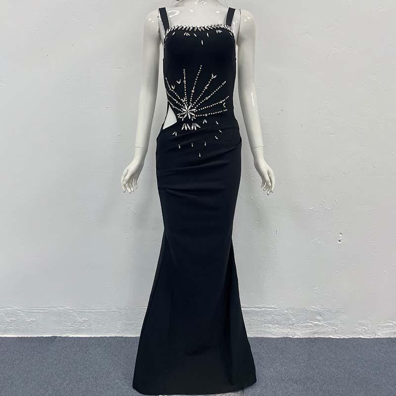 Elegant Rhinestone Slim Fit Evening Dress - European & American Style