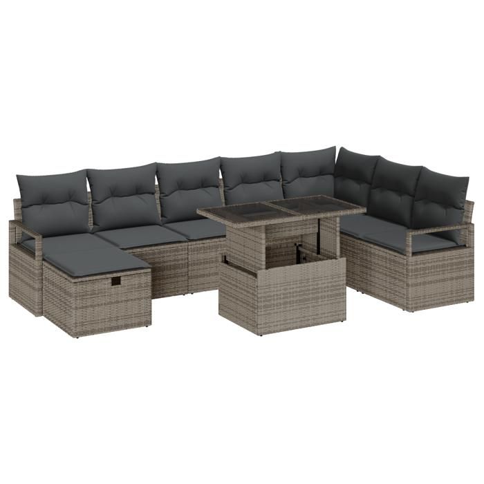 Ensemble de Canapés de Jardin 9 pièces avec Coussins gris Rattan Synthétique, Canapé de Jardin 2 places avec Coussins gris 3359816