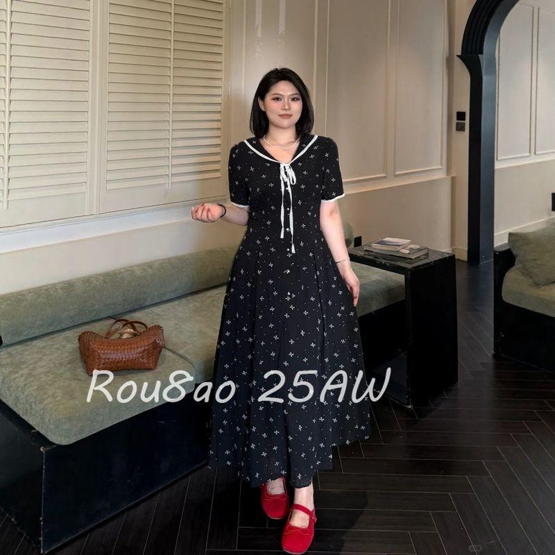 Rou8Ao Plus-Size Women s French V-Neck Floral Dress, Summer 2026, Slimming Waist-Cinching A-Line Long Dress Black M