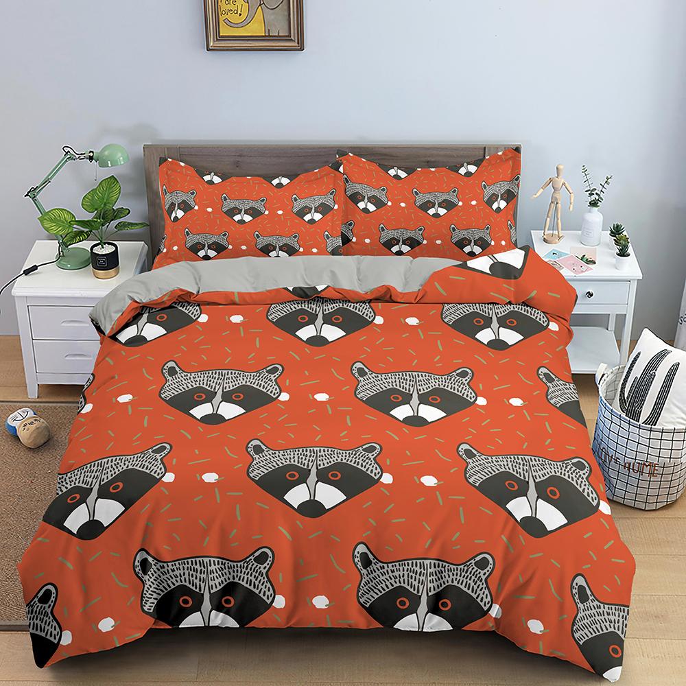 Raccoon Duvet Cover Set Grey Black Wild Animals Colourful Background King Queen Size Comforter Cover Polyester For Kids Boy Girl