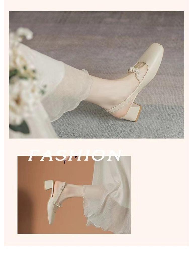 Spring/Summer 2025 Women's Pointed-Toe Mary Jane Sandals - French Fairy Style, Retro Chunky Mid-Heel Evening Shoes