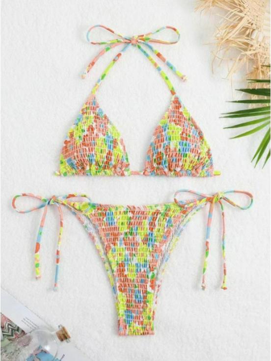 Floral Triangle Cup Three-Piece Swimsuit - Sexy Tie-Up Bikini Set In Stock