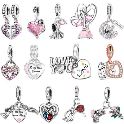 New 925 Silver Heart Rose Charms Pendants for Bracelet Necklace DIY Jewelry Valentine Gift for Her