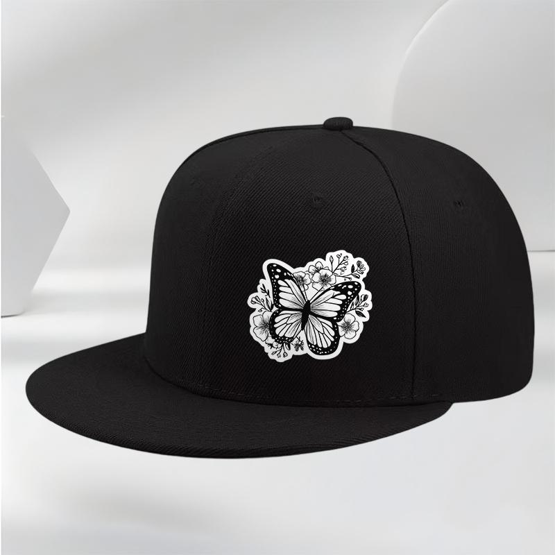 Butterfly Floral Graphic Black Baseball Cap Unisex Polyester Casual Snapback Hat for Men Women