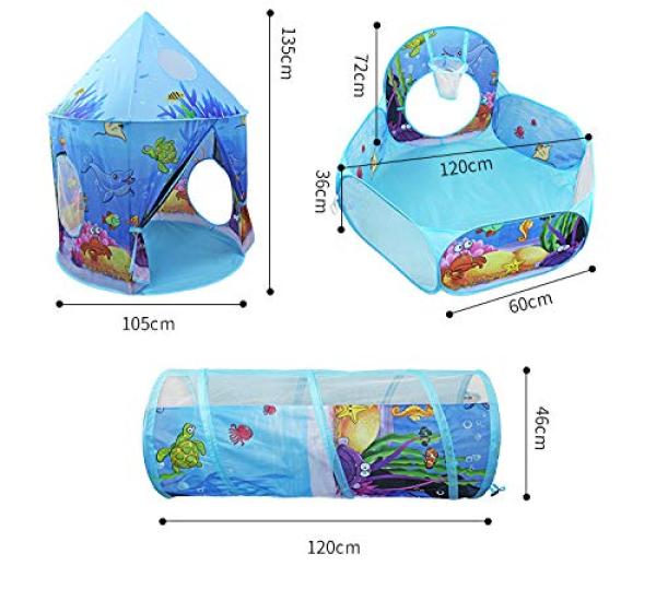 Floving 3-in-1 Kids' Tent Set, Folds Up and Easy To Set Up, Includes Ball Pit, Indoor Play Tent, Ball Tent, Carrying Bag, Marine World Play Set (Blue)