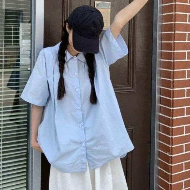 Women's Blue Shirt Female Peter Pan Collar Short Sleeved Blouses Summer New Korean Version Loose Versatile Lady Top