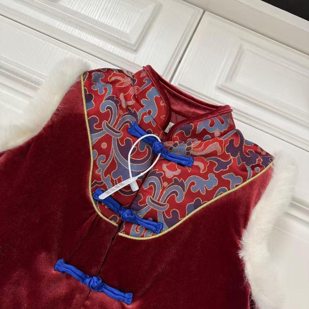 Chinese New Year Girls' Quilted Tang Suit Vest & Cheongsam Dress Set for Siblings