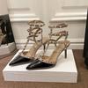 Naked patent leather rivets pointed high heels new three-ring one-word buckle with willow stiletto bag head sandals summer