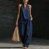 Halter Denim Set for Women Sleeveless Tank Top And Wide Leg Pants Lounge Sets Summer Casual Two Piece Outfits with Pockets