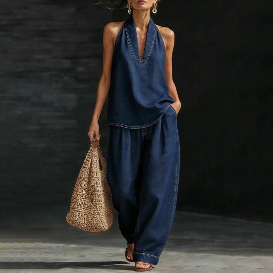 Halter Denim Set for Women Sleeveless Tank Top And Wide Leg Pants Lounge Sets Summer Casual Two Piece Outfits with Pockets