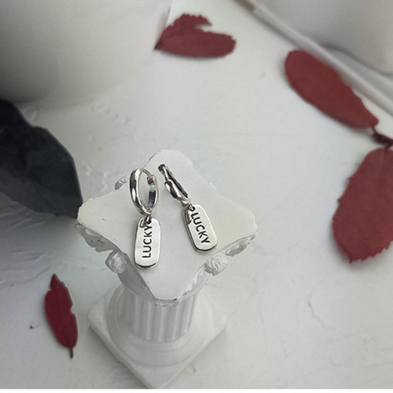 Korean Style Retro Square Pendant Letter Earrings for Women - Trendy Versatile Ear Cuffs and Studs Electroplated Thai Silver