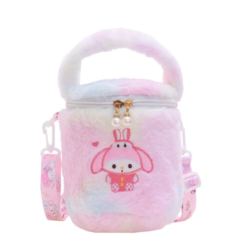 2025 Cute Plush Mini Bucket Handbag for Girls - Cartoon Design, Crossbody or Single Shoulder.