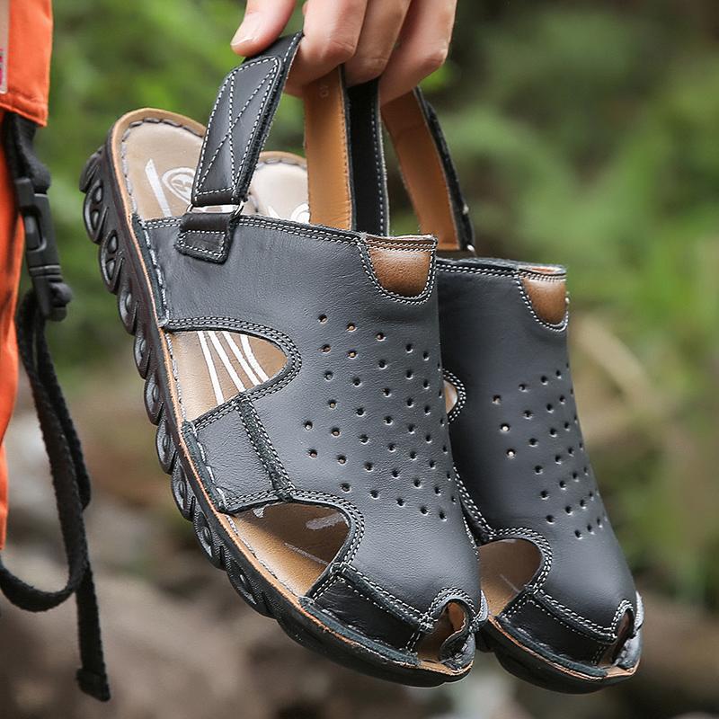 Men Brown Flats Slippers Summer Outdoor Wide Head Hiking Sandals Retro Black Leather Closed Toe Beach Shoes Plus Size
