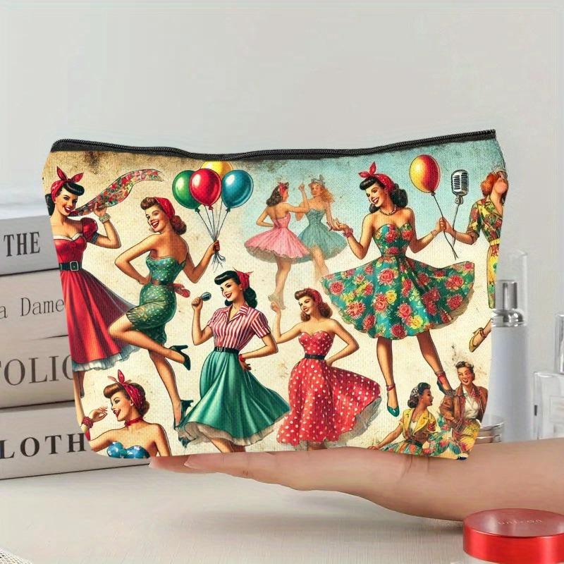1pc Vintage Pin-Up Art Linen Makeup Bag Colorful Print, Lightweight Zippered Cosmetic Pouch & Coin Purse for Travel Makeup Bag