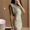 Pailletten Silber Party Kleid Frauen Sexy Oansatz Kurzarm Mini Bodycon Hüfte Paket Kleider Mode