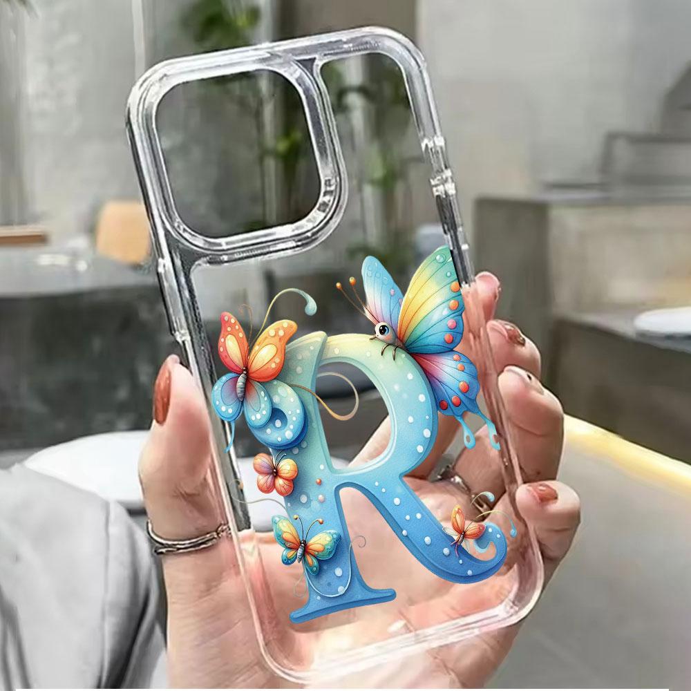 For Honor X9b X9a X9c Magic5 6 7 Lite Blue Butterfly Flower Letters A-Z Transparent Clear Women Phone Case Silicone Bumper Cover
