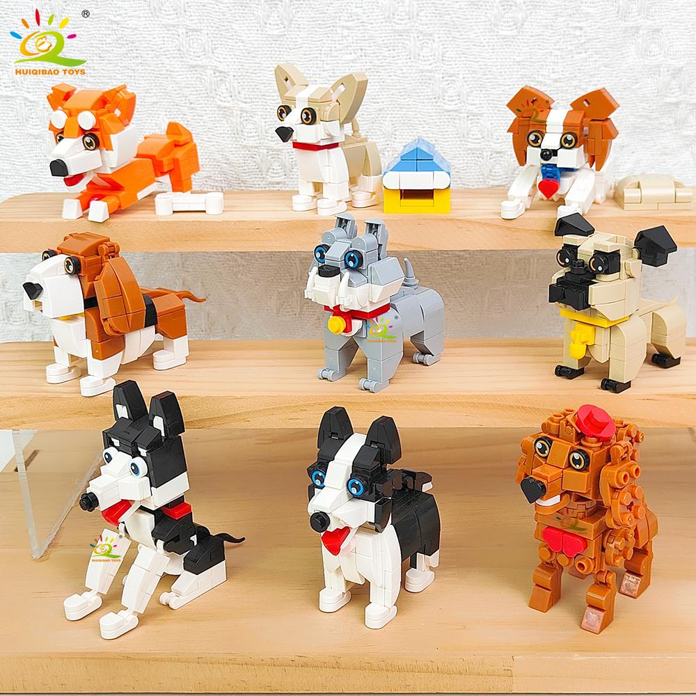 HUIQIBAO Dog Series Micro Building Block Amimal corgi Husky Bulldog Mini Brick set Toy for Children Desk Decoration ornament