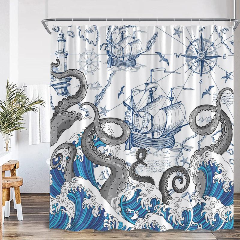 Ocean Red Octopus Shower Curtain Sea Wave Sailboat Lighthouse Nautical Bath Curtains Polyester Fabric Bathroom Decor with Hooks