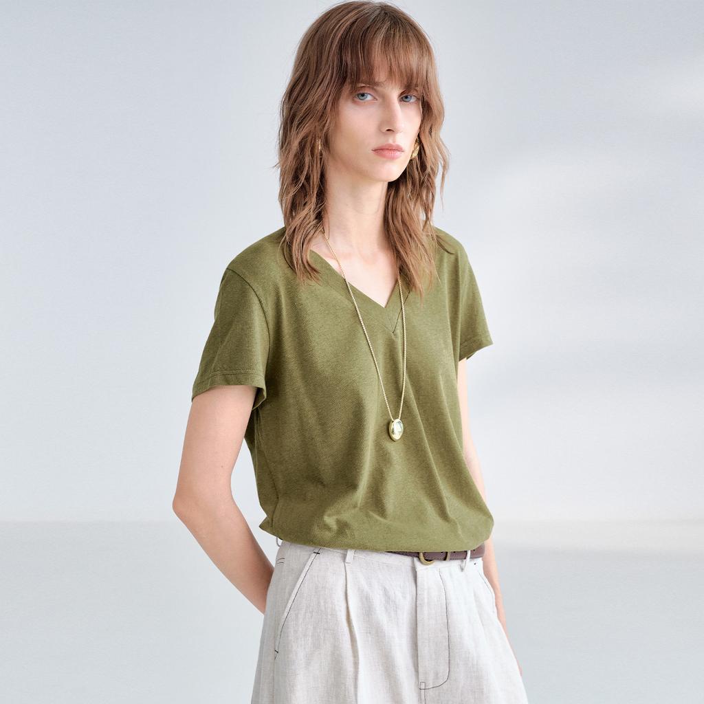 Leichter Luxus einfaches Hanf V-Ausschnitt T-Shirt Damen Sommer kühl atmungsaktiv Baumwolle und Leinen kurzärmelig Pendeln Vorderseite Schulter erfrischend vielseitig zu