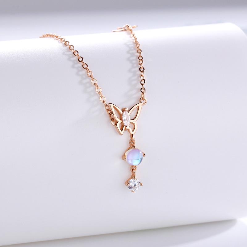 Moonlight Glazed Butterfly Necklace in S925 Sterling Silver - Sweet Heart Tassel Clavicle Chain