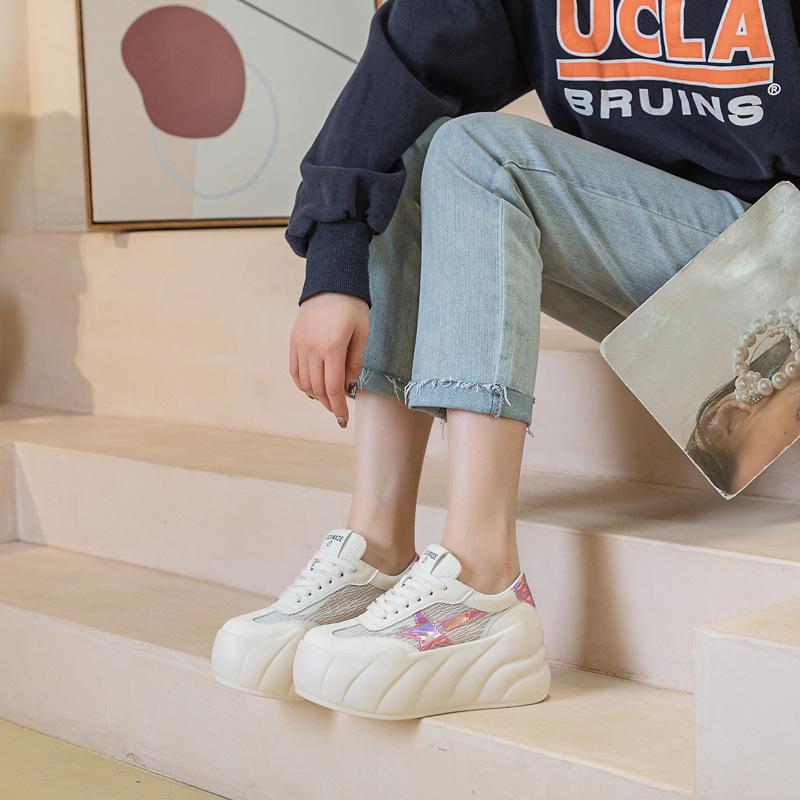 

Mesh white shoes women s summer new 2025 Korean version mesh breathable fashion lace-up solid color muffin shoes 39 бежевый