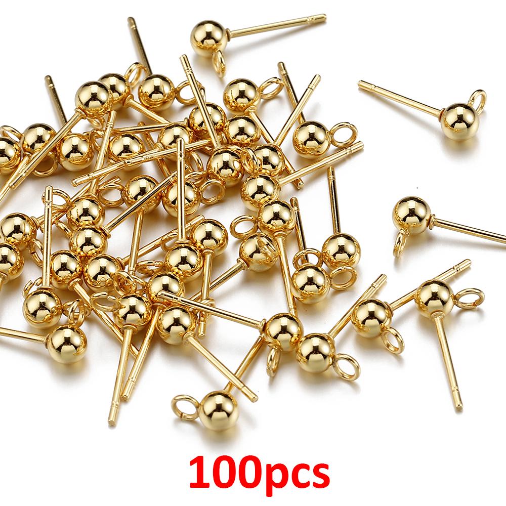 100pcs/20pcs Stainless Steel Round Ball Ear Post Studs Ear Backs Open Rings Gold Color Earrings for DIY Jewelry Making Wholesale