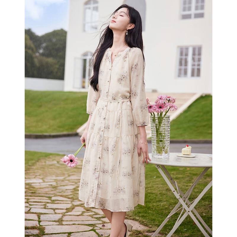

Women s Floral Elegant Long Sleeve Midi A-Line Dress L