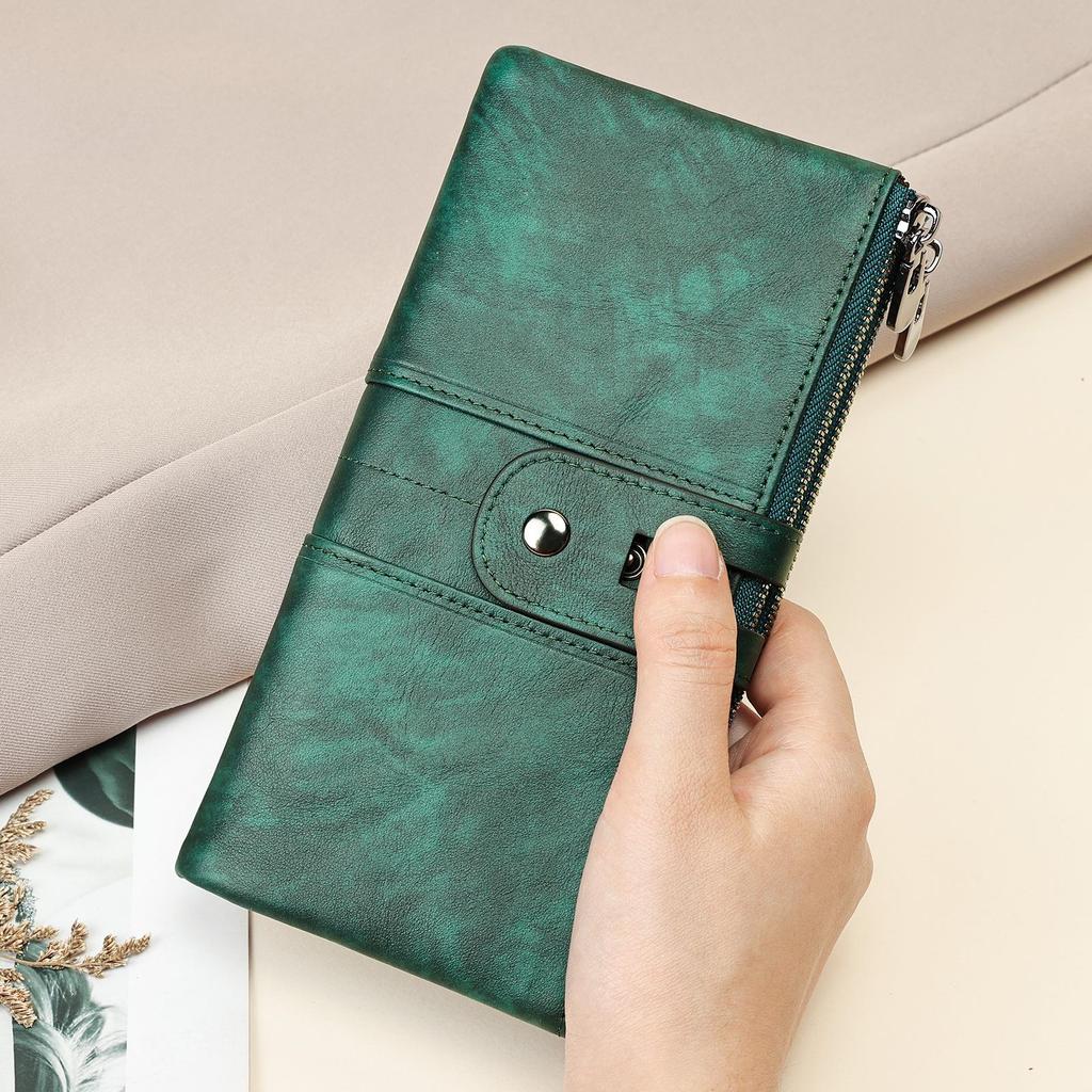 Marlonte Women's High-End Retro Leather Wallet & Clutch - Anti-Magnetic, Multifunctional Long Design in Top Layer Cowhide