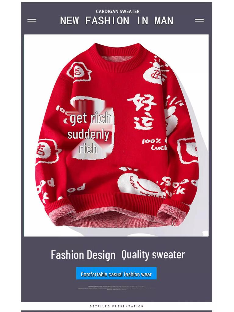 Herrstorlek Festlig Röd Stickad Tröja - Stjärntecken Rund Hals, Höst/Vinter, Exklusiv Känsla, Perfekt för Par