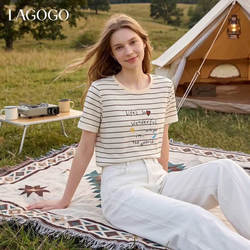 LAGOGO Women s Embroidered Striped Short-Sleeve T-Shirt M