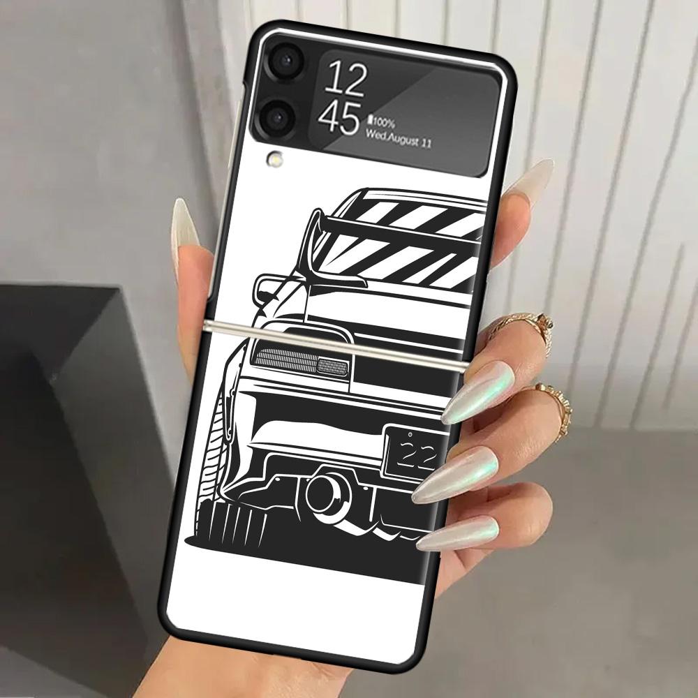 Japan JDM Sports Cars Comic Hard PC Phone Case For Samsung Galaxy Z Flip 7 6 5 4 3 Black ZFlip7 ZFlip6 Flip5 Flip4 Flip3 5G Prin