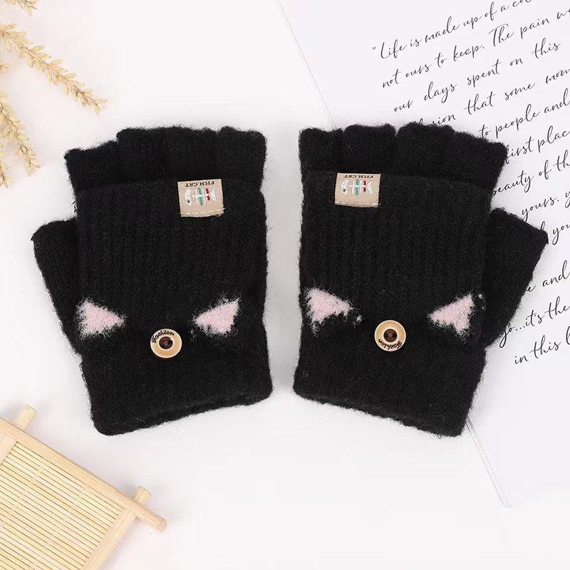 Winter Warm and Cute Cartoon Plush Half-finger Flip-top Student Writing Children's Cold-proof Knitted Gloves for Men and Women