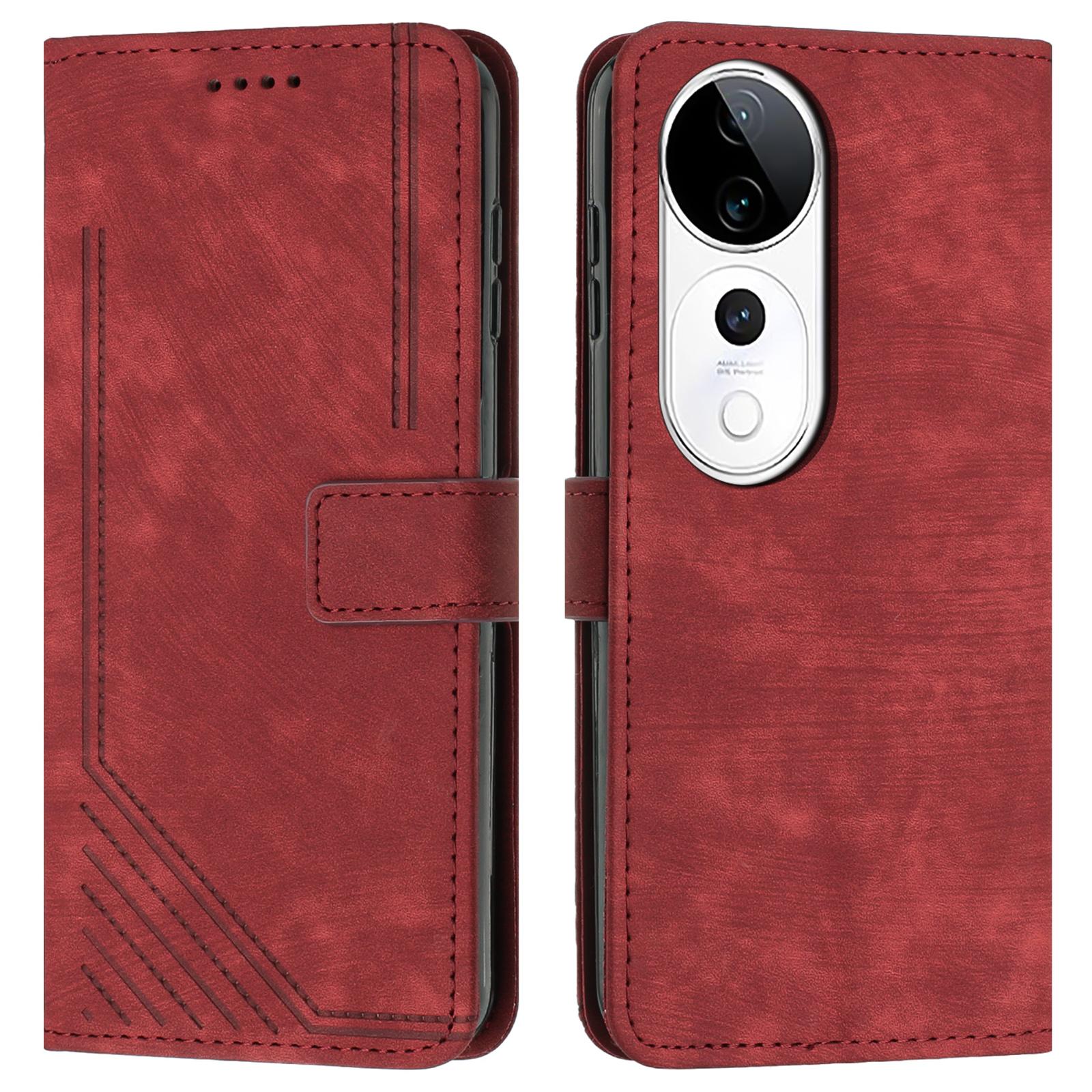 

Leather Case For vivo V40 5G/V40 Pro 5G/T3 Ultra 5G/S19 Pro 5G Imprinted Lines Phone Cover Folding Stand Red
