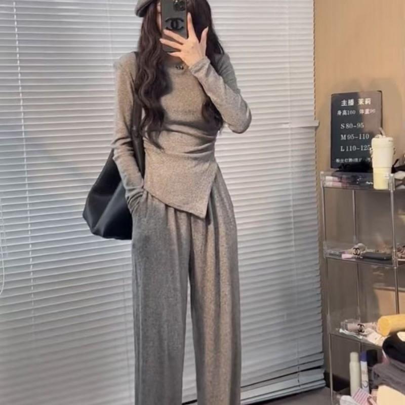 Womens Irregular Hem Top Straight Wide Leg Pants Set Casual Two Piece Outfit Petite