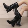 Europäische und amerikanische Mode mittelhohe Mode-Stiefel Damen große Größe Retro dicker Absatz Fransen Fußset V-Ausschnitt Western-Ritter