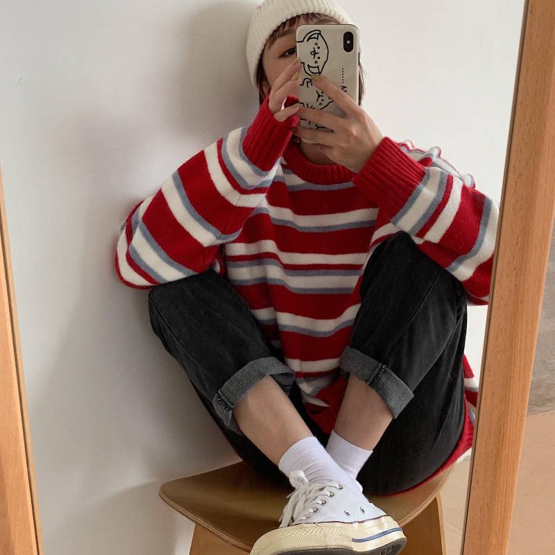 

Pofulove полосатый свитер с круглым вырезом женский осенне-зимний свободный свитер с длинными рукавами пальто S красный