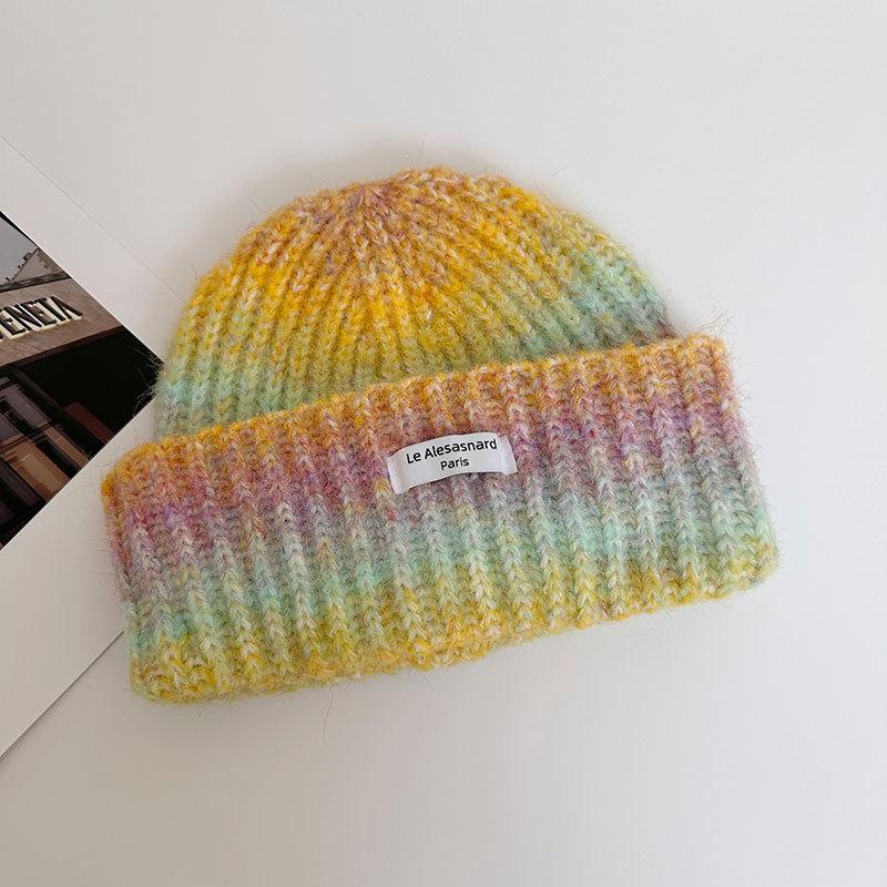 ins pink gradient wool hat women's autumn and winter versatile face small pullover hat ear protector knitted hat tide