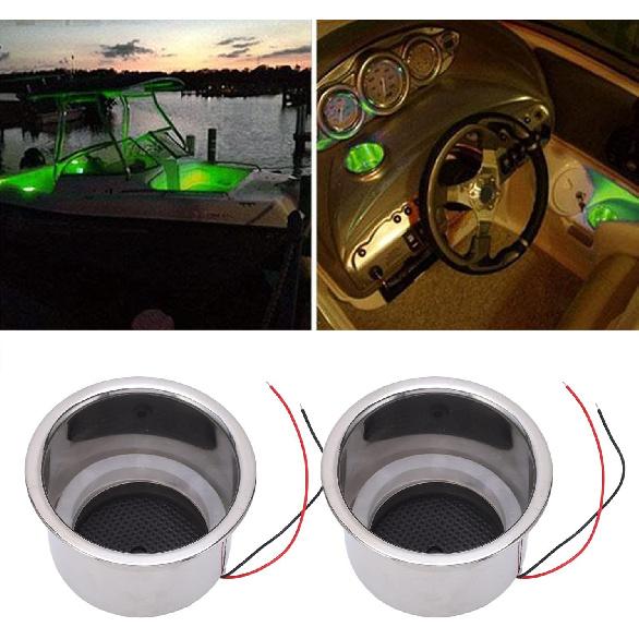 Akozon Luminous Cup Holder Insert, 2Pcs 8 LEDs Drink Holder With Draining Hole for Marine Boat Car (Green LED)