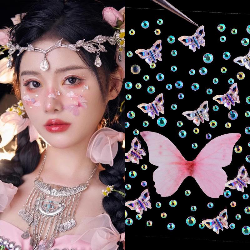 Neue Strass-Schmetterlings-Gesichtsaufkleber mit Perlen, temporäre Tattoo-Aufkleber, langlebig, wasserdicht, Glitzer-Lidschatten, Körper für Festival-Make-up