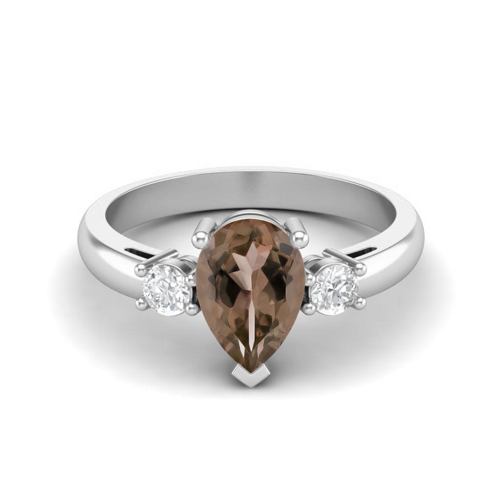 9X6mm Pear Smoky Quartz 925 Sterling Silver Three Stone Women Anniversary Ring