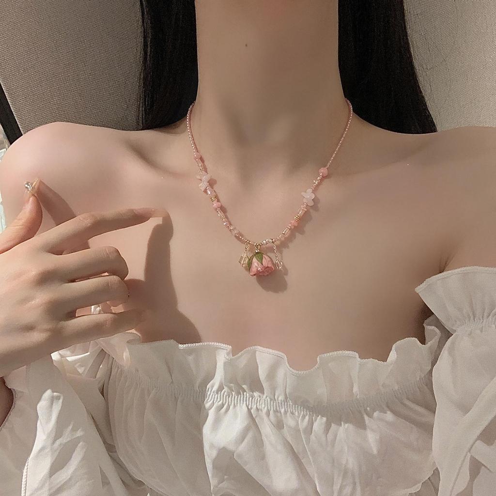Elegant Rose Crystal Beaded Necklace - Unique Fairy-Inspired Choker for Women