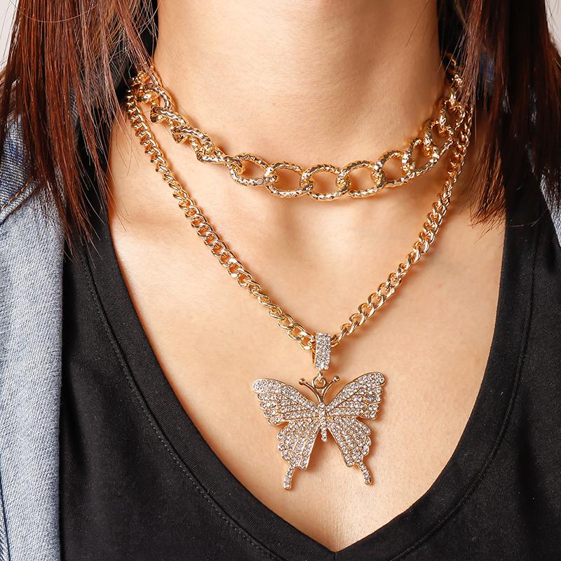 Delicate Crystal Butterfly Pendant Necklace Multi-layer Choker Necklaces Chain Women Girls Jewelry Gifts