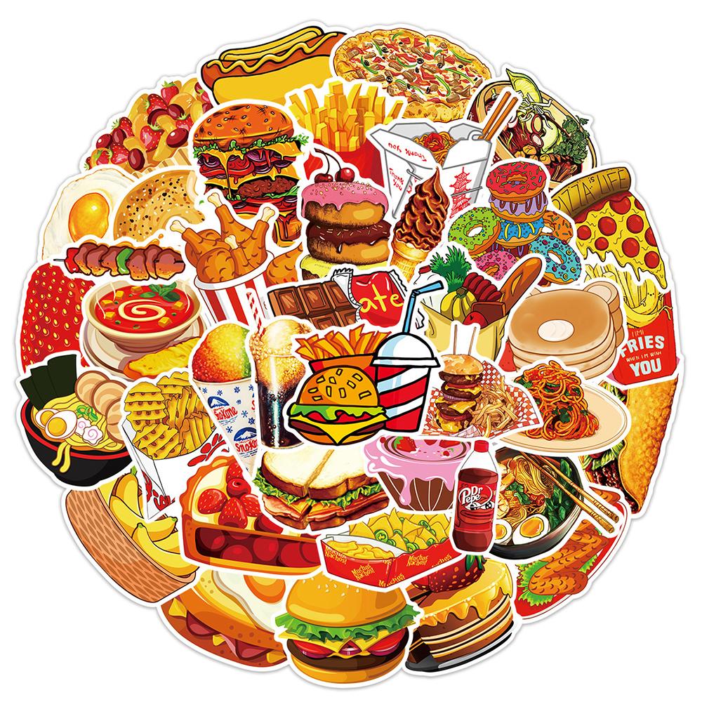 10/30/50pcs Delicious Food Cartoon Stickers Hamburgers Pizza Cake Graffiti Decals Fridge Luggage Phone Diary Waterproof Sticker
