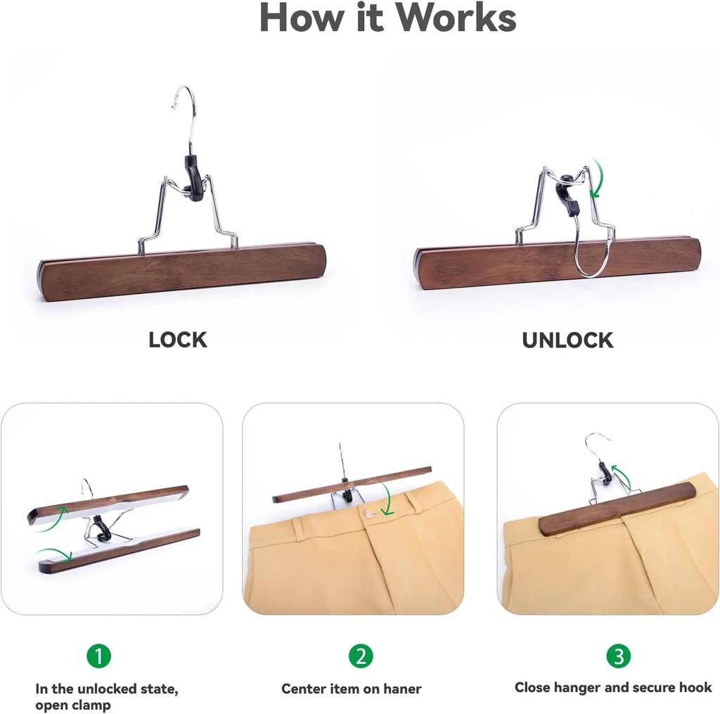 5-30PCS Wooden Pants Skirt Hangers Smooth Solid Wood Non Slip Jeans Slack Clamp Hangers Hair Extension Hangers with Swivel Hook