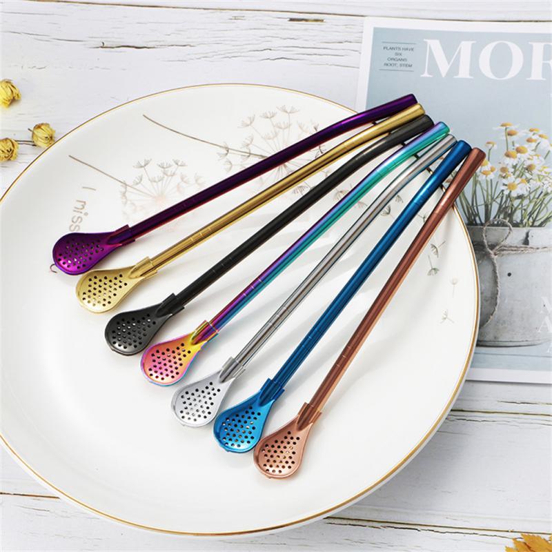 Creative 2 In 1 Colorful Stainless Steel Tea Drinking Straw And Spoon Mate Tea Strainer Reusable Straw Spoon Kitchen Bar Gadgets