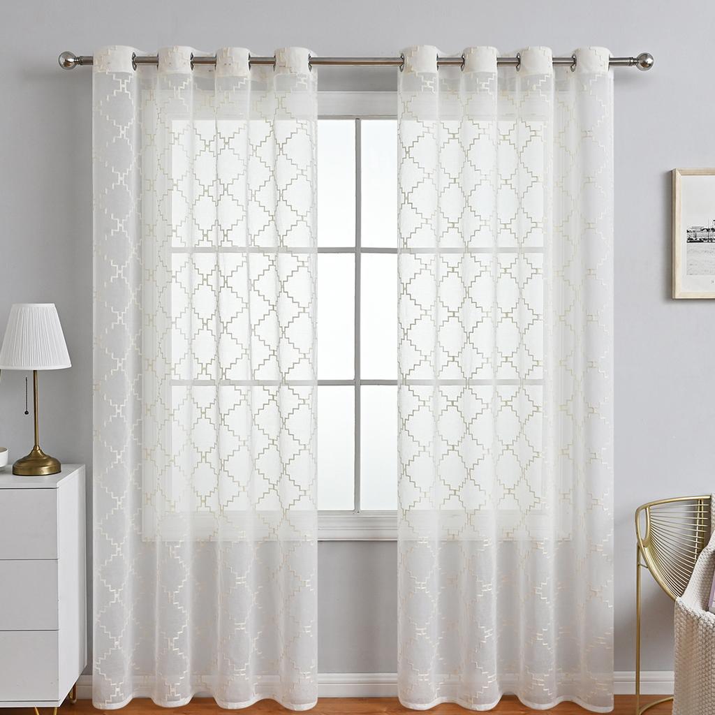 2 st Modern Enkel Hem Perforerad Våg Diamant Fönsterskärm Sovrum Vardagsrum Halvskuggande Gardin